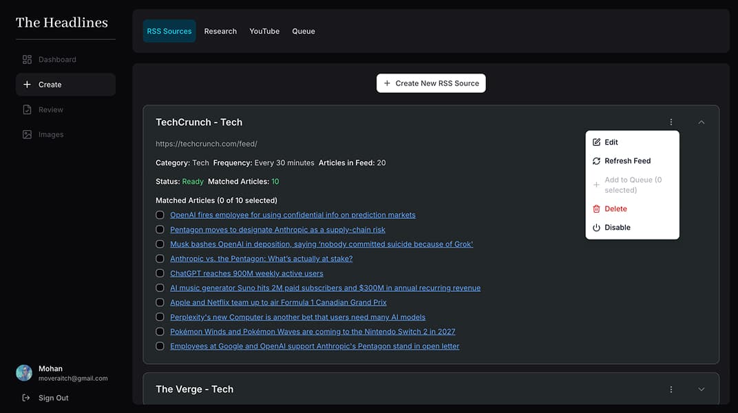 The Headlines backend interface